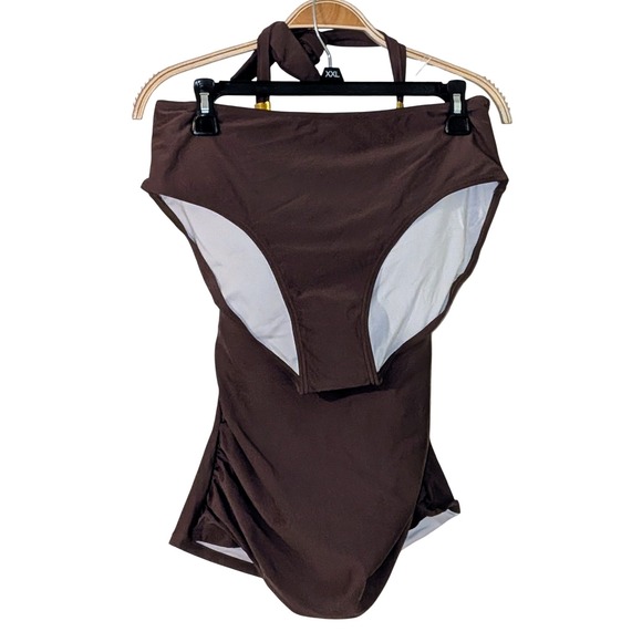 B2PRITY Tankini Swimsuit Brown Halter Neck Ruched Tummy Control Size L NWT - Picture 4 of 8